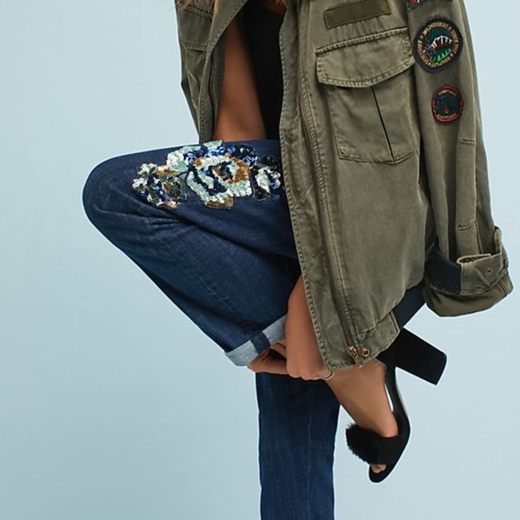 Anthropologie Embellished Sequin Pilcro Mid-Rise Slim Boyfriend Jeans - Picture 2 of 6